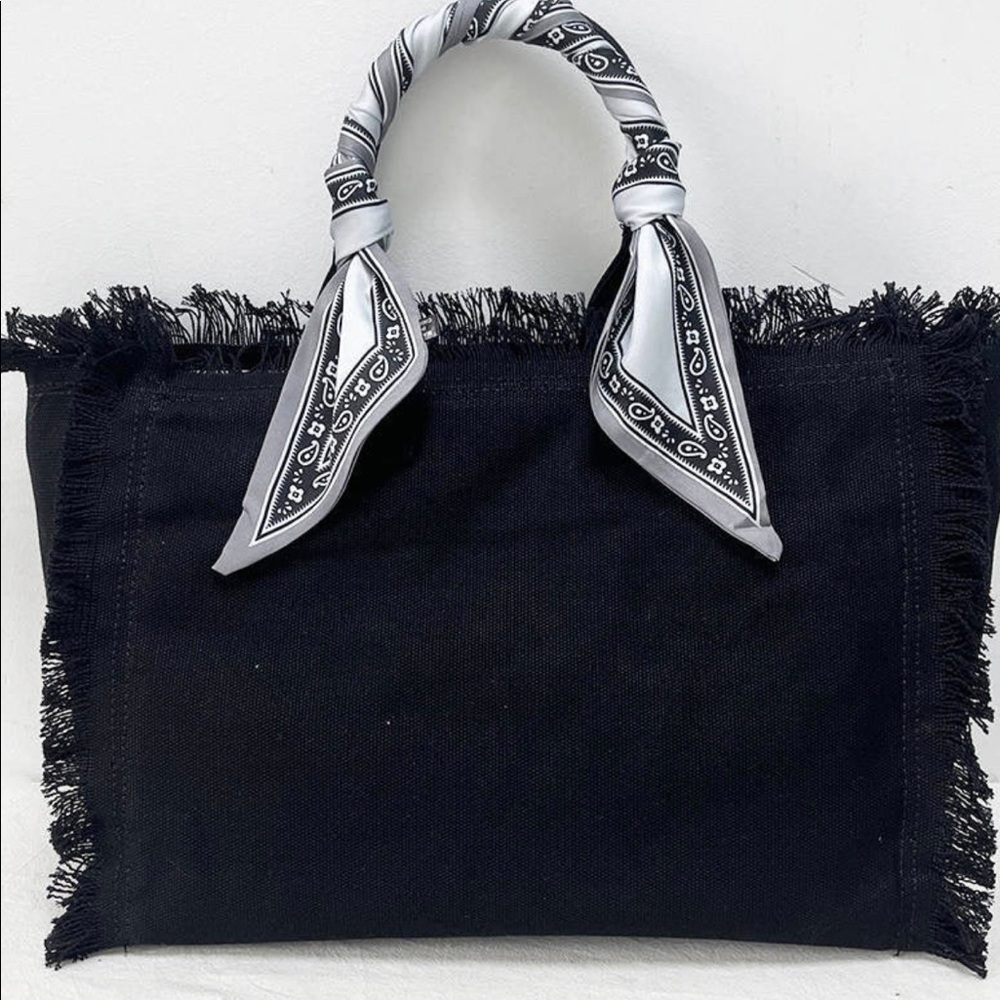 Canvas Fringe Tote Bag w/ Bandana Handle and detachable cross body strap
